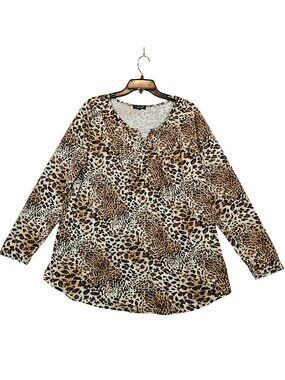 a.Jesdani blouse peasant animal print womens 2x gathered top bold knit stretch